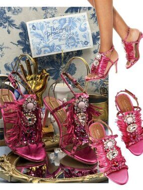 🆕 KURT GEIGER LONDON 🧿 NWOB Jewel Fringe Heel, Fuchsia - Sz 37 US 7